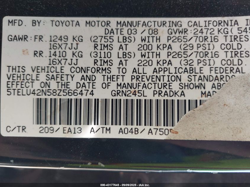 2008 Toyota Tacoma Base V6 VIN: 5TELU42N58Z566474 Lot: 43177645