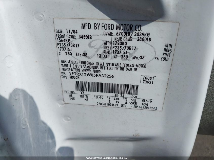 2005 Ford F-150 Stx/Xl/Xlt VIN: 1FTRX12W85FA32256 Lot: 43177658