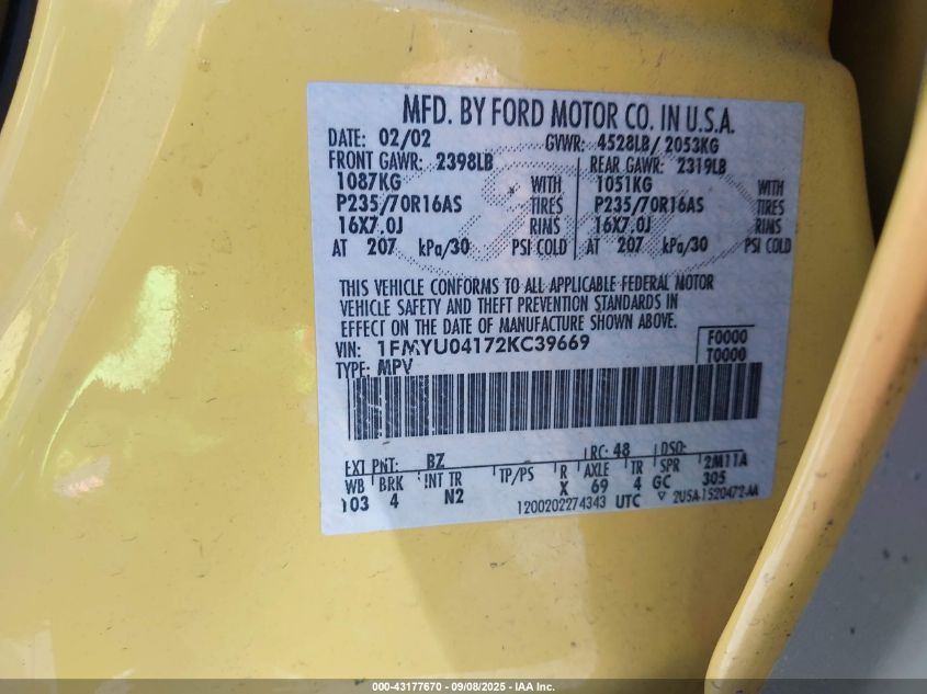 2002 Ford Escape Xlt VIN: 1FMYU04172KC39669 Lot: 43177670