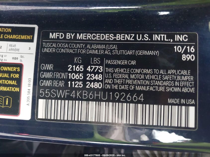 2017 Mercedes-Benz C 300 4Matic VIN: 55SWF4KB6HU192664 Lot: 43177685