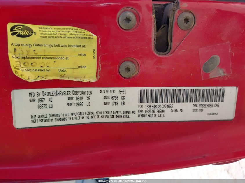 2001 Dodge Neon Se VIN: 1B3ES46C21D274692 Lot: 43177703