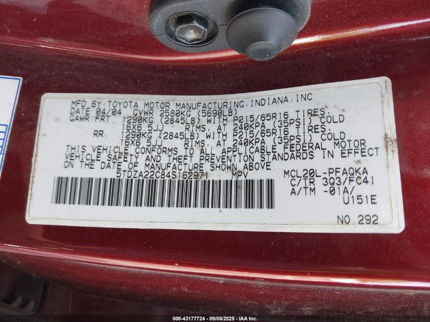 2004 Toyota Sienna Xle VIN: 5TDZA22C84S162971 Lot: 43177724