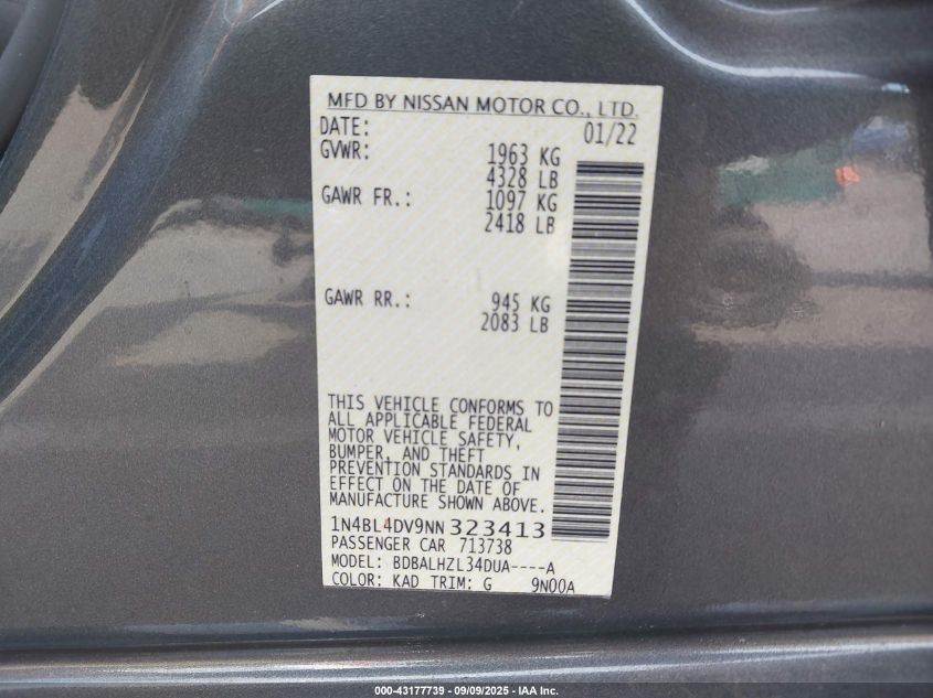 2022 Nissan Altima Sv Fwd VIN: 1N4BL4DV9NN323413 Lot: 43177739