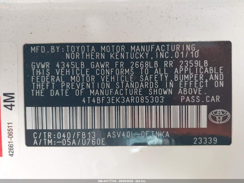 2010 Toyota Camry Le VIN: 4T4BF3EK3AR085303 Lot: 43177742