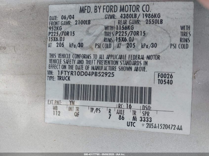 2004 Ford Ranger Xl/Xlt VIN: 1FTYR10D04PB52925 Lot: 43177765