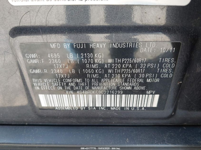 2012 Subaru Outback 3.6R Limited VIN: 4S4BRDKC0C2216299 Lot: 43177776