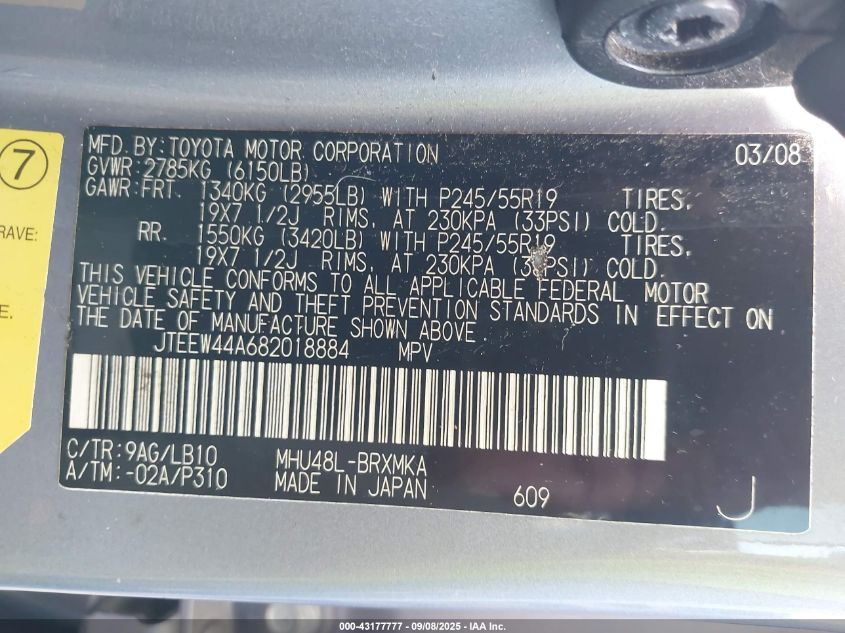 2008 Toyota Highlander Hybrid Limited VIN: JTEEW44A682018884 Lot: 43177777