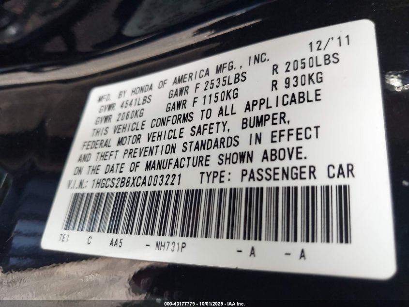 2012 Honda Accord 3.5 Ex-L VIN: 1HGCS2B8XCA003221 Lot: 43177779