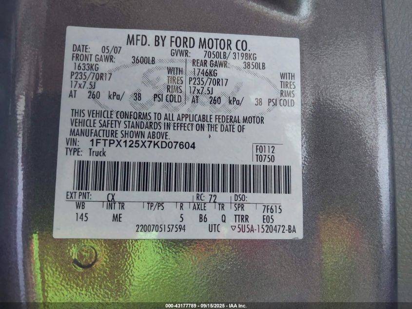 2007 Ford F-150 Lariat/Stx/Xl/Xlt VIN: 1FTPX125X7KD07604 Lot: 43177789
