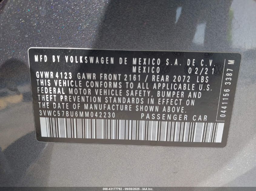 2021 Volkswagen Jetta 1.4T R-Line/1.4T S/1.4T Se VIN: 3VWC57BU6MM042230 Lot: 43177792