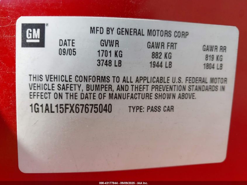 2006 Chevrolet Cobalt Lt VIN: 1G1AL15FX67675040 Lot: 43177844