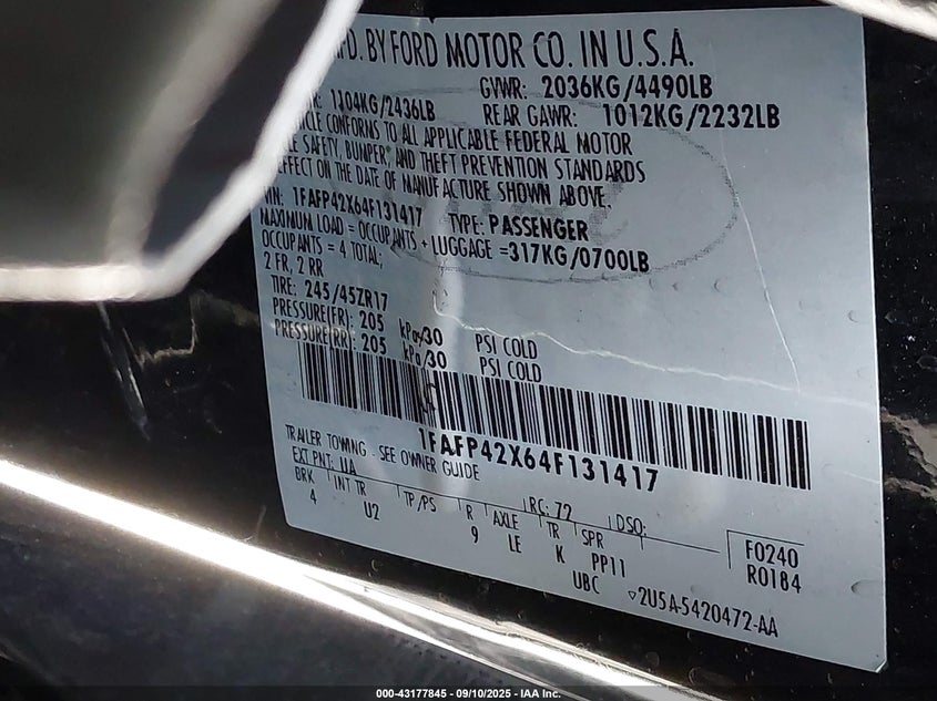 2004 Ford Mustang Gt VIN: 1FAFP42X64F131417 Lot: 43177845