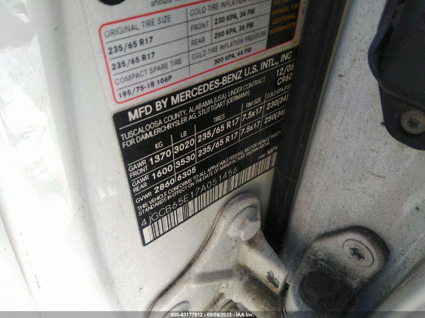 2007 Mercedes-Benz R 350 4Matic VIN: 4JGCB65E17A051456 Lot: 43177912