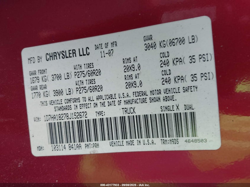 2008 Dodge Ram 1500 Slt VIN: 1D7HA18278J152672 Lot: 43177933