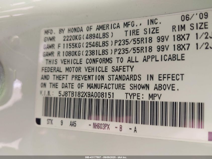 2009 Acura Rdx VIN: 5J8TB182X9A008151 Lot: 43177957