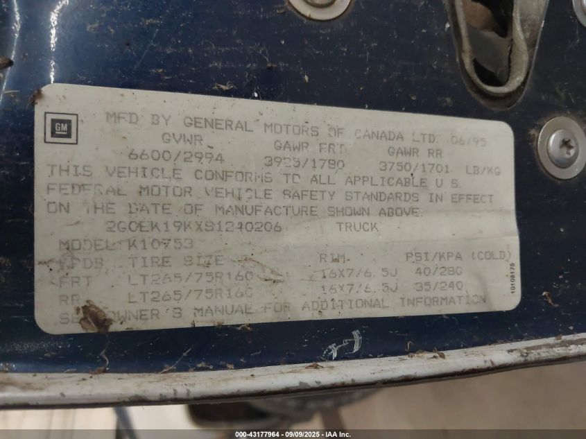 1995 Chevrolet Gmt-400 K1500 VIN: 2GCEK19KXS1240206 Lot: 43177964