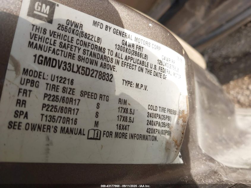 2005 Pontiac Montana Sv6 Fwd VIN: 1GMDV33LX5D278832 Lot: 43177968