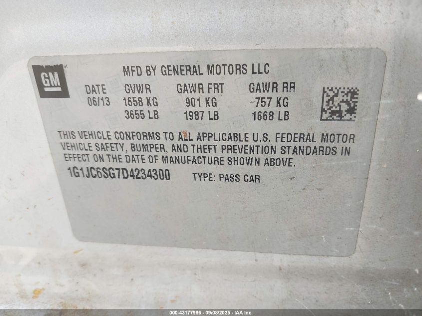 2013 Chevrolet Sonic Lt Auto VIN: 1G1JC6SG7D4234300 Lot: 43177986