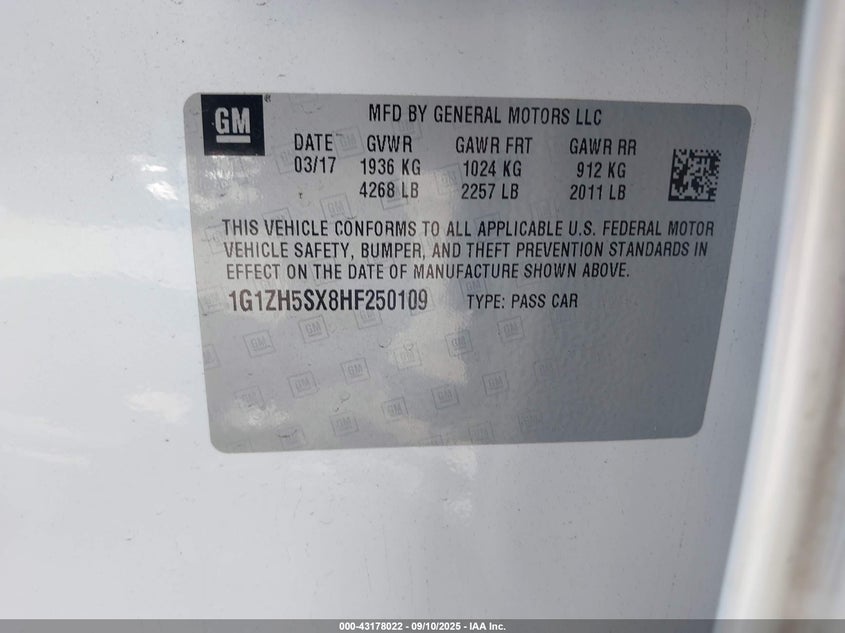 2017 Chevrolet Malibu Premier VIN: 1G1ZH5SX8HF250109 Lot: 43178022