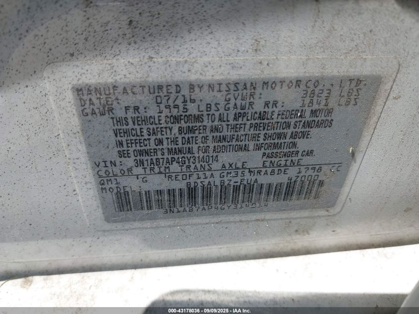 2016 Nissan Sentra S VIN: 3N1AB7AP4GY314014 Lot: 43178036