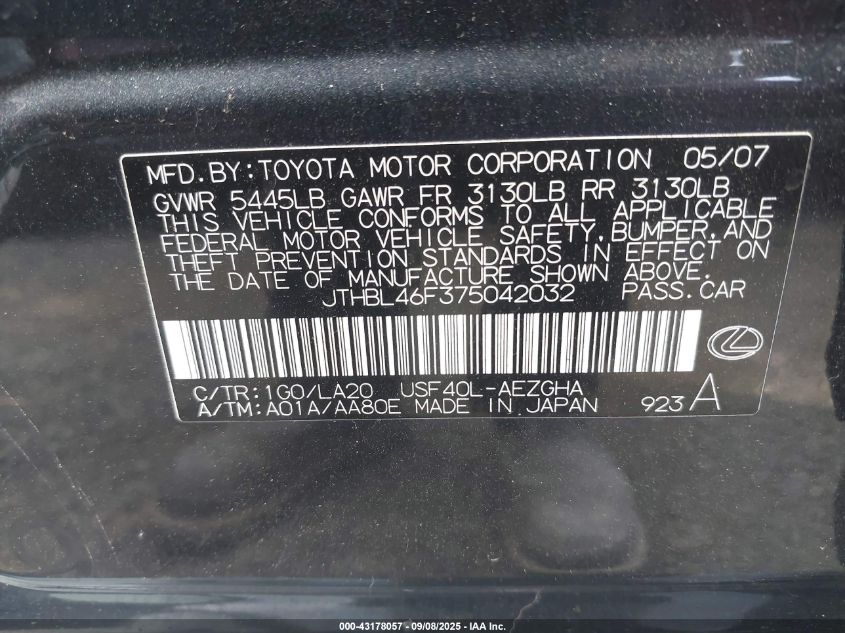 2007 Lexus Ls 460 VIN: JTHBL46F375042032 Lot: 43178057