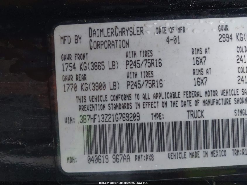 2001 Dodge Ram 1500 St VIN: 3B7HF13Z21G769209 Lot: 43178067