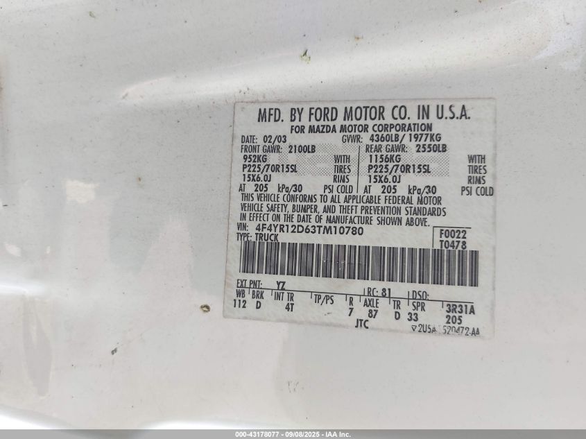 2003 Mazda B2300 VIN: 4F4YR12D63TM10780 Lot: 43178077