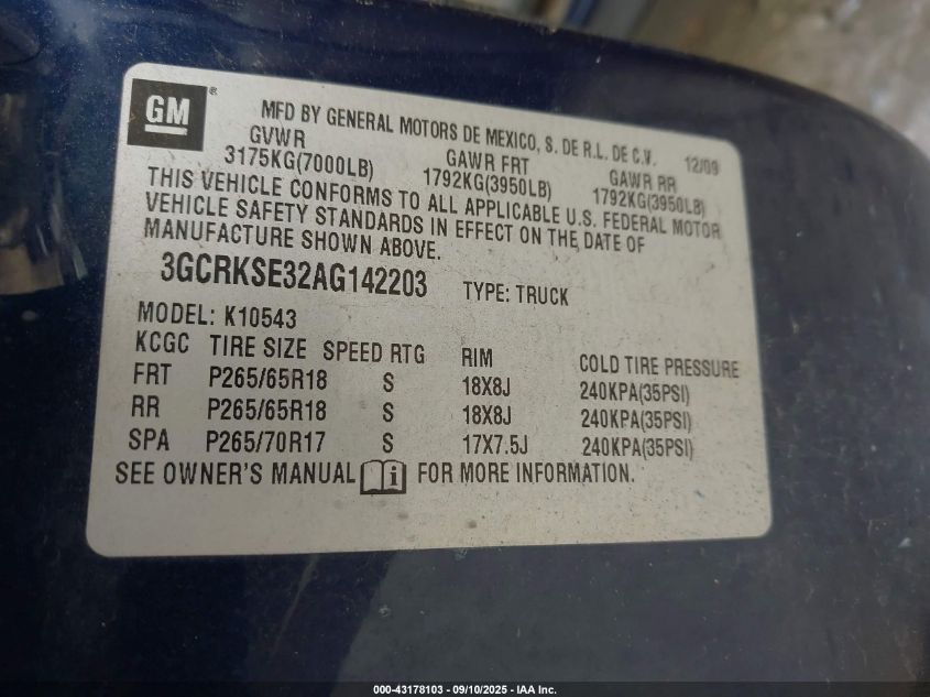 2010 Chevrolet Silverado 1500 Lt VIN: 3GCRKSE32AG142203 Lot: 43178103
