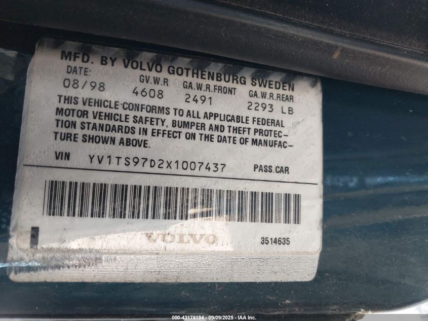 1999 Volvo S80 2.9 VIN: YV1TS97D2X1007437 Lot: 43178194