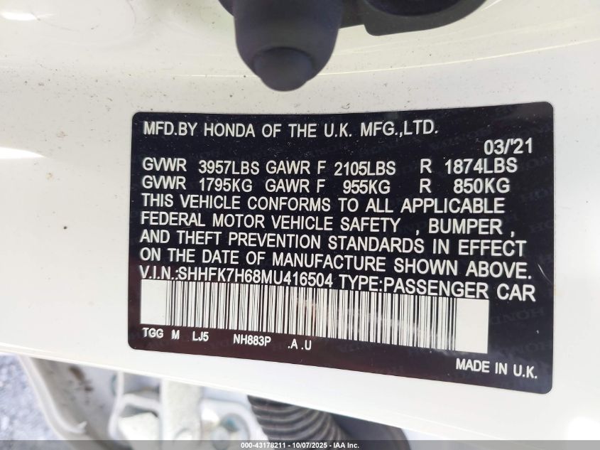 2021 Honda Civic Ex VIN: SHHFK7H68MU416504 Lot: 43178211
