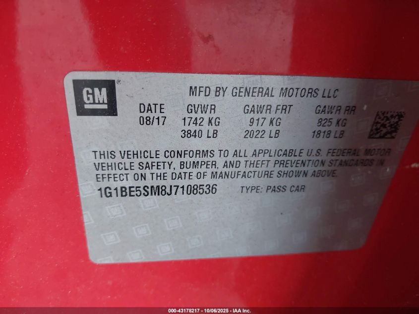 2018 Chevrolet Cruze Lt Auto VIN: 1G1BE5SM8J7108536 Lot: 43178217