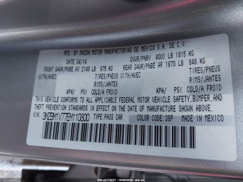 2014 Mazda Mazda3 I Touring VIN: 3MZBM1V77EM110800 Lot: 43178221