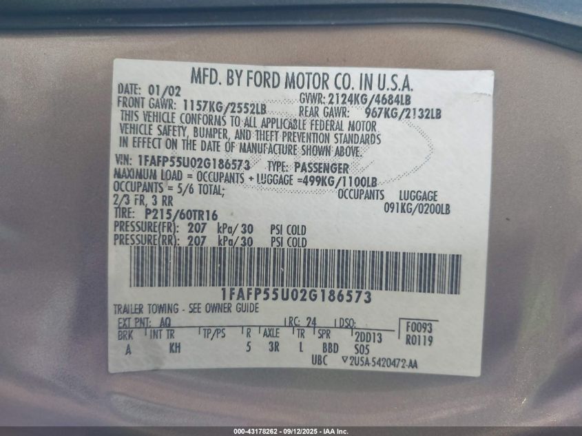 2002 Ford Taurus Ses VIN: 1FAFP55U02G186573 Lot: 43178262