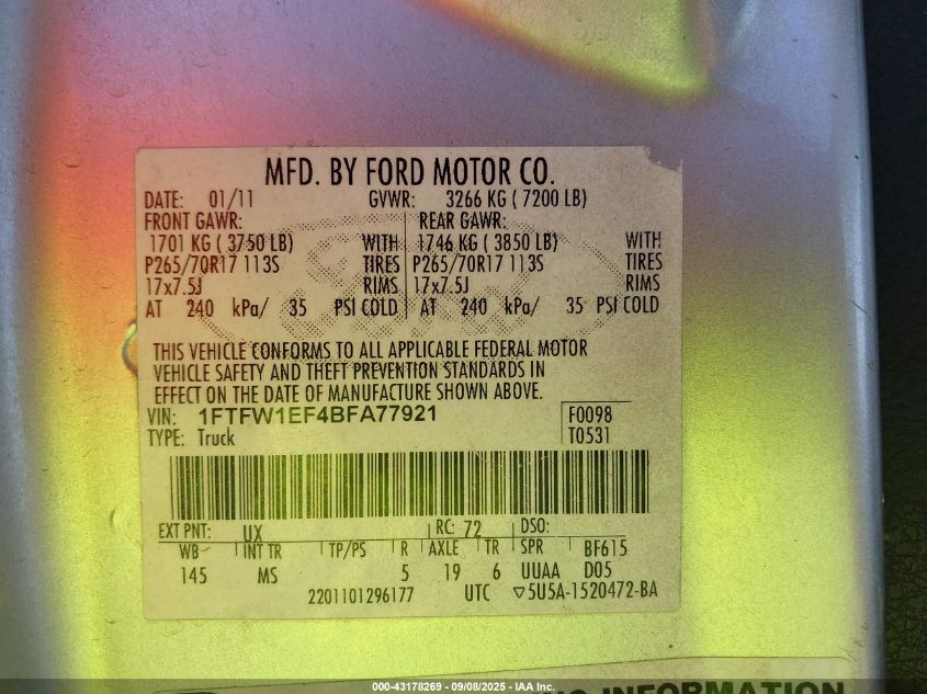 2011 Ford F-150 Xlt VIN: 1FTFW1EF4BFA77921 Lot: 43178269