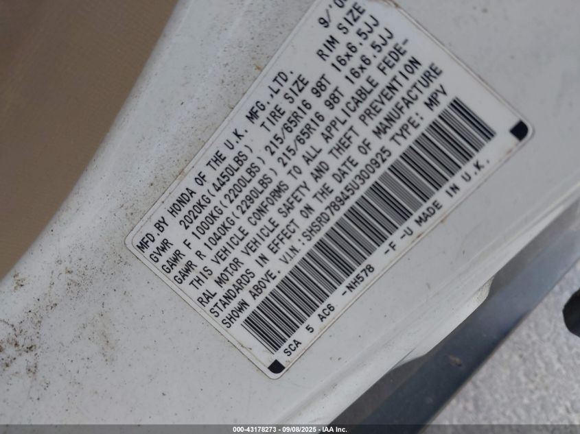 2005 Honda Cr-V Se VIN: SHSRD78945U300925 Lot: 43178273