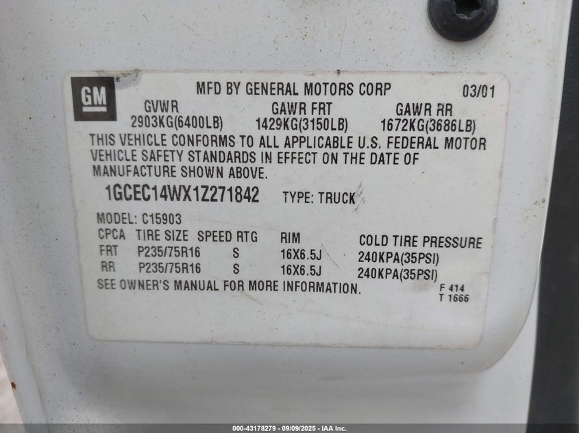 2001 Chevrolet Silverado 1500 VIN: 1GCEC14WX1Z271842 Lot: 43178279