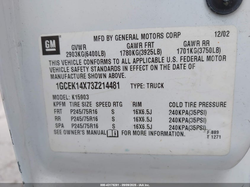 2003 Chevrolet Silverado 1500 Work Truck VIN: 1GCEK14X73Z214481 Lot: 43178281