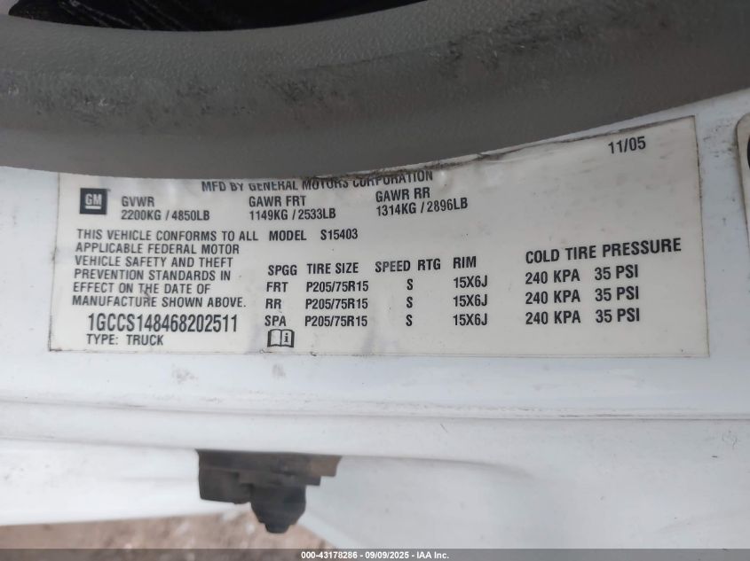 2006 Chevrolet Colorado Work Truck VIN: 1GCCS148468202511 Lot: 43178286