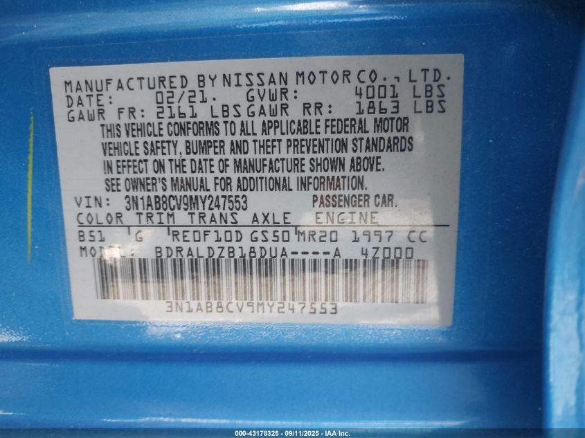 2021 Nissan Sentra Sv Xtronic Cvt VIN: 3N1AB8CV9MY247553 Lot: 43178325