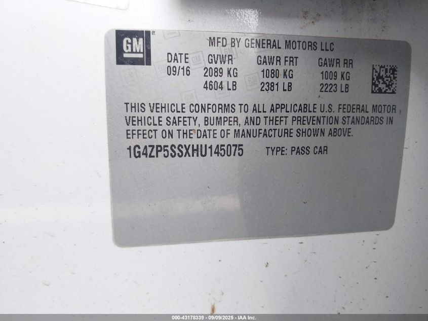 2017 Buick Lacrosse Essence VIN: 1G4ZP5SSXHU145075 Lot: 43178339