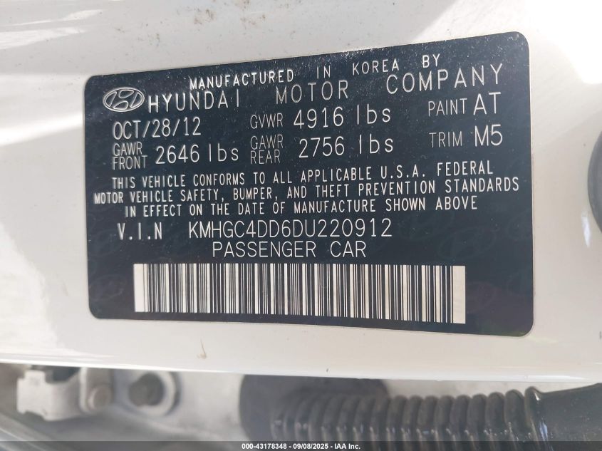 2013 Hyundai Genesis 3.8 VIN: KMHGC4DD6DU220912 Lot: 43178348