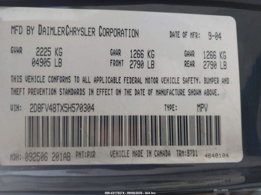 2005 Dodge Magnum Se VIN: 2D8FV48TX5H570304 Lot: 43178374
