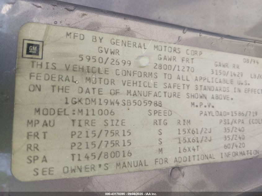 1995 GMC Safari Xt VIN: 1GKDM19W4SB505988 Lot: 43178395