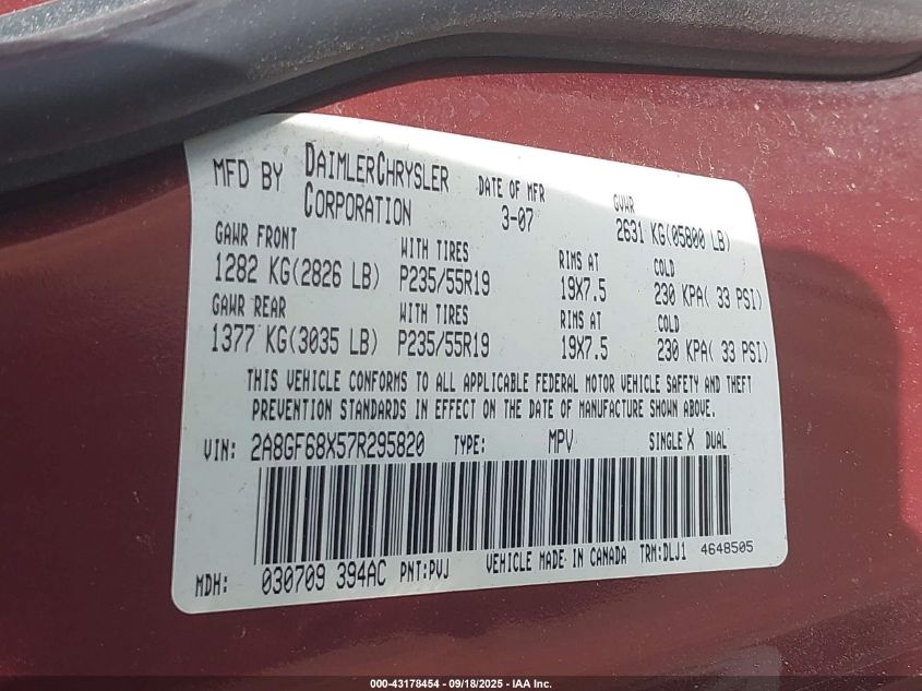 2007 Chrysler Pacifica Touring VIN: 2A8GF68X57R295820 Lot: 43178454