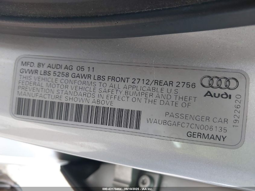 2012 Audi A6 3.0 Premium VIN: WAUBGAFC7CN006135 Lot: 43178464
