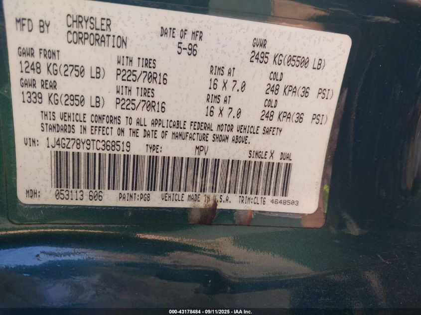 1996 Jeep Grand Cherokee Limited VIN: 1J4GZ78Y9TC368519 Lot: 43178484