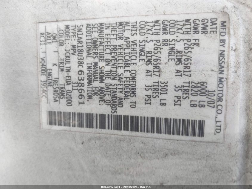 2008 Nissan Pathfinder VIN: 5N1AR1HU38C638661 Lot: 43178491