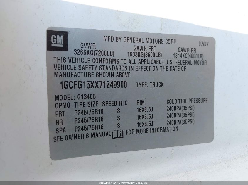 2007 Chevrolet Express G1500 VIN: 1GCFG15XX71249900 Lot: 43178516