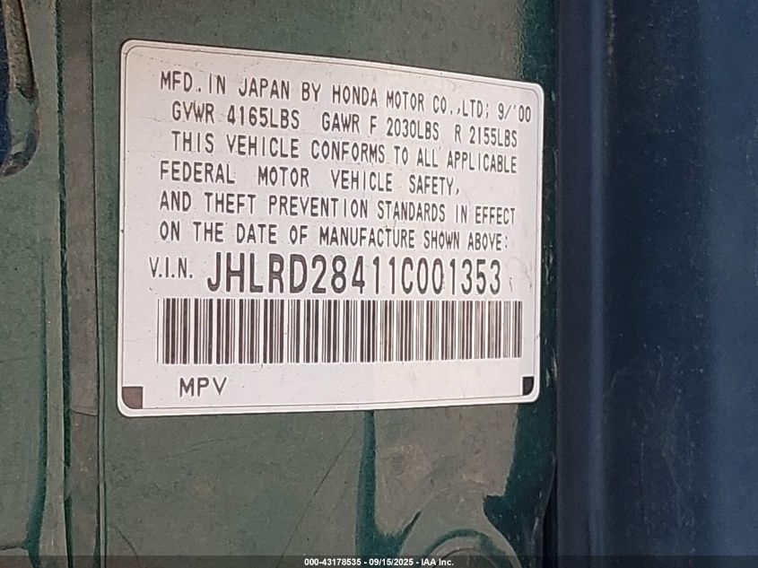 2001 Honda Cr-V Lx VIN: JHLRD28411C001353 Lot: 43178535