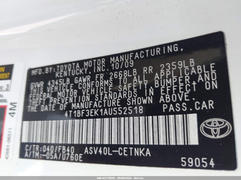 2010 Toyota Camry Le VIN: 4T1BF3EK1AU552518 Lot: 43178539